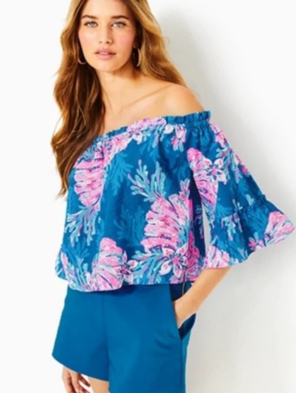Lilly Pulitzer Croix Off-The-Shoulder Top XS Multi For The Fans Blue Pink